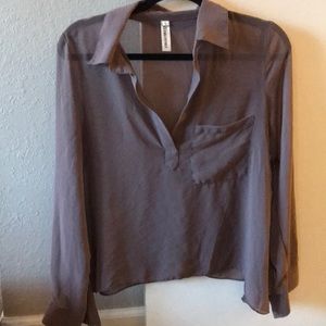 Brown/mauve sheer collared pocket blouse.